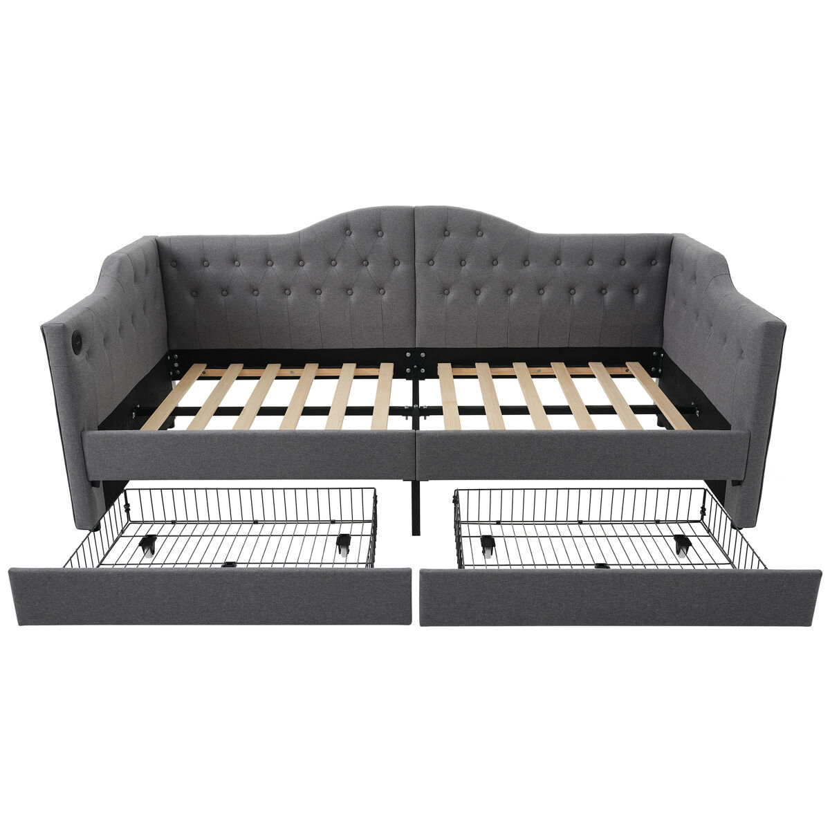 Lit avec tiroirs 90x190cm estofado em linho - com função de carga e estrado de ripas - cinzento (colchão não incluído)