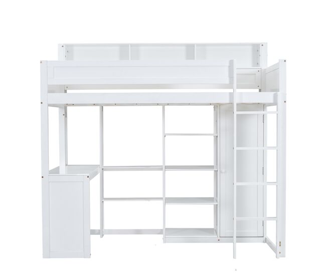 Cama alta em madeira de pinho e mdf - 90x200 cm - com prateleiras superiores, secretária e roupeiro - branco