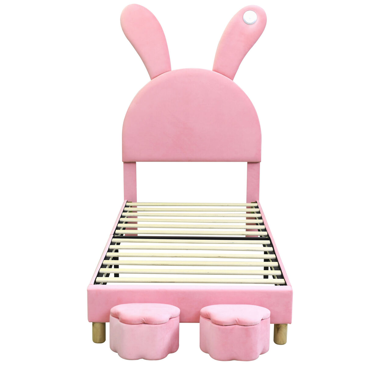 Cama de veludo para criança - 90x200 cm - orelhas de coelho dobráveis com led - 2 bancos com arrumação - rosa