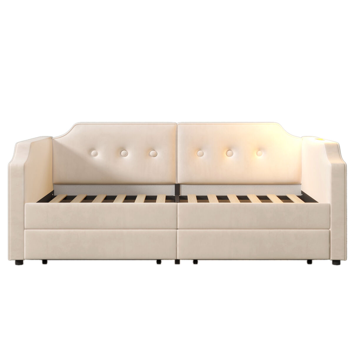 Sofá-cama de veludo 90x200 cm - com função de carga e led - com base de ripas - bege