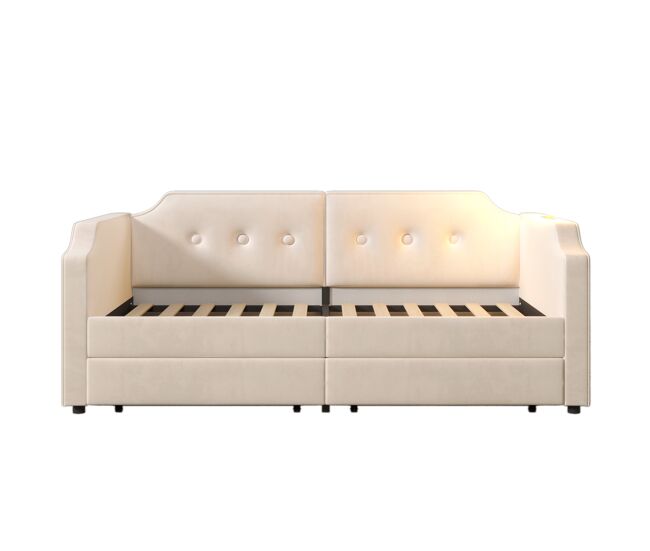 Sofá-cama de veludo 90x200 cm - com função de carga e led - com base de ripas - bege