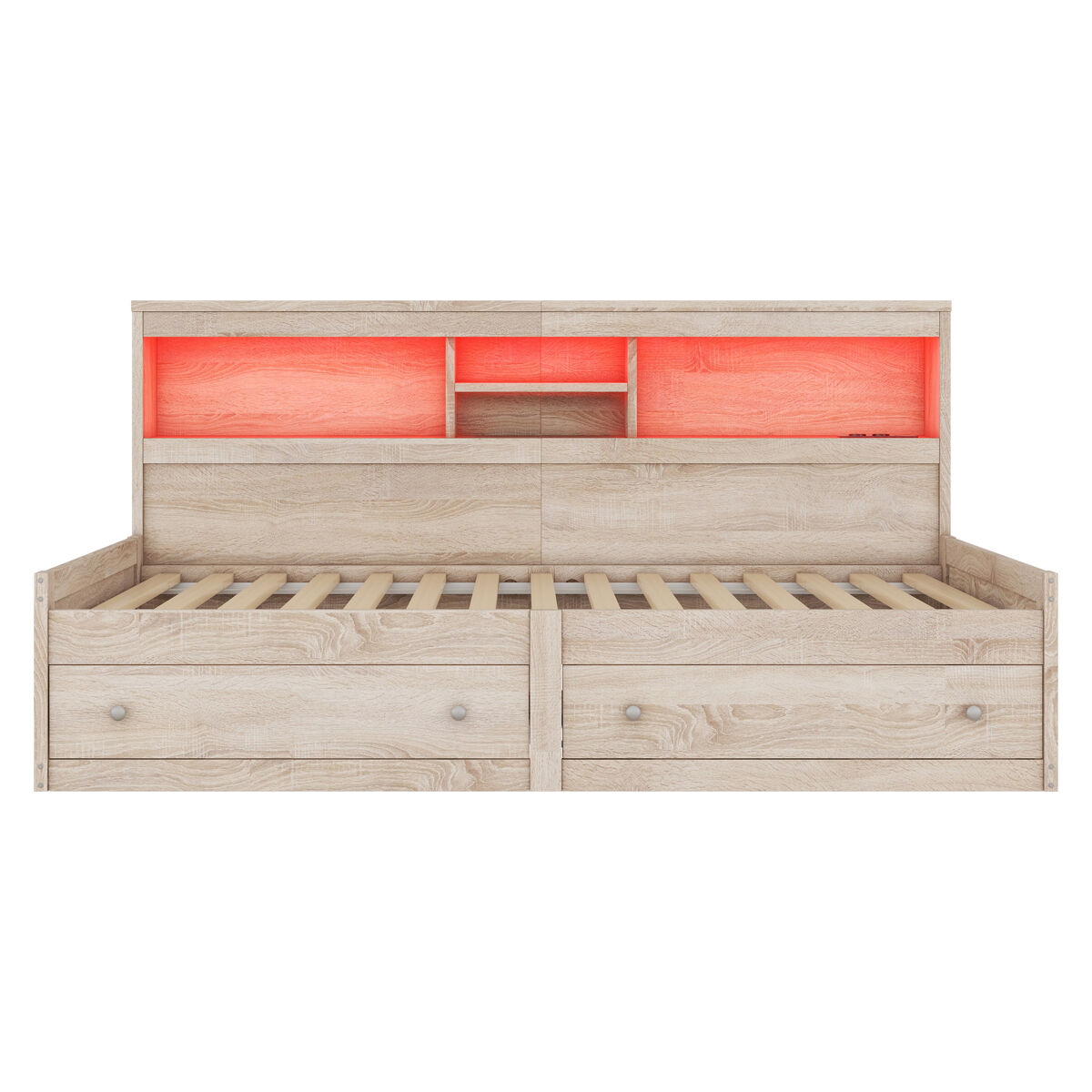 Sofá-cama 90x200 cm - com tomada usb e 2 gavetas - estrado de ripas - natural