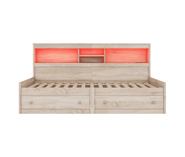 Sofá-cama 90x200 cm - com tomada usb e 2 gavetas - estrado de ripas - natural