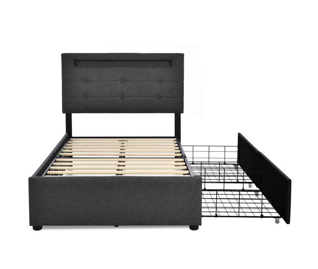 Cama contentora para roupa de cama com led 90x200 cm + 2 gavetas + estrado - cinzento