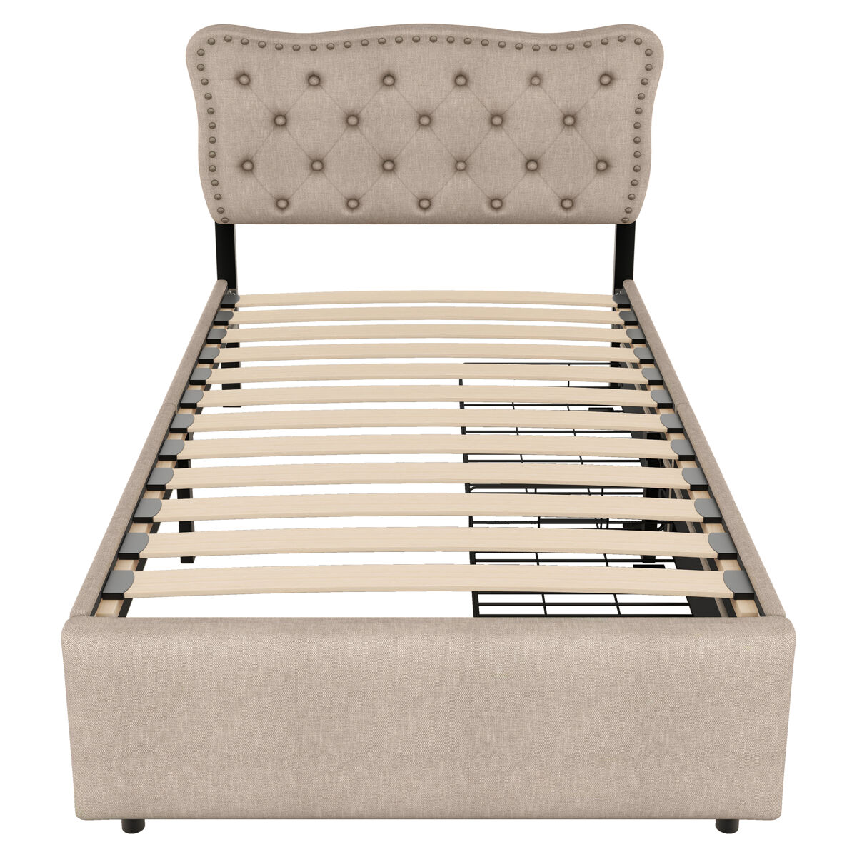 Cama estofada em linho com 2 gavetas - 90x200 cm - cabeceira decorada com rebites - taupe