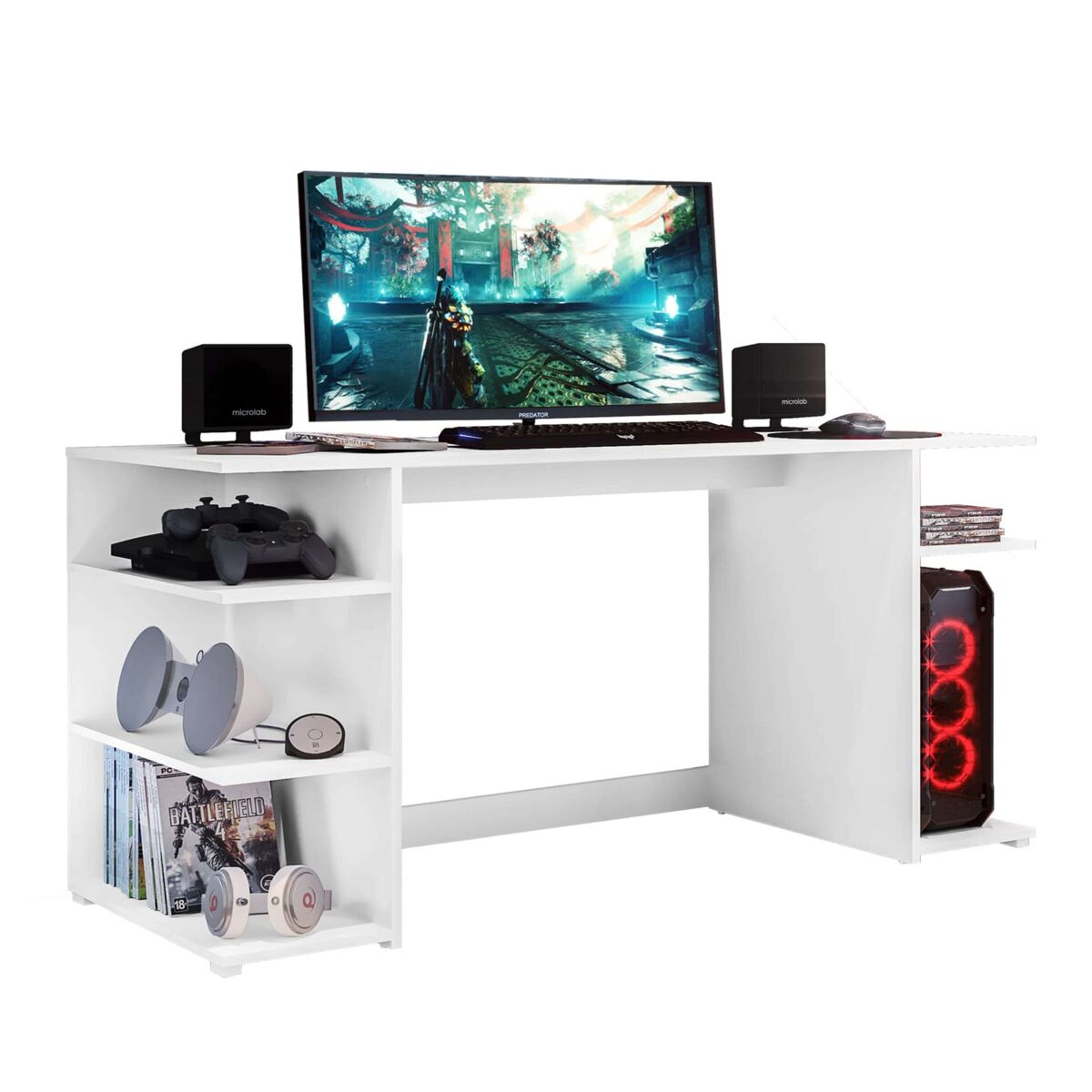 Mesa de computador de escritório contemporânea tow 5h em branco com 3 prateleiras e suporte de torre