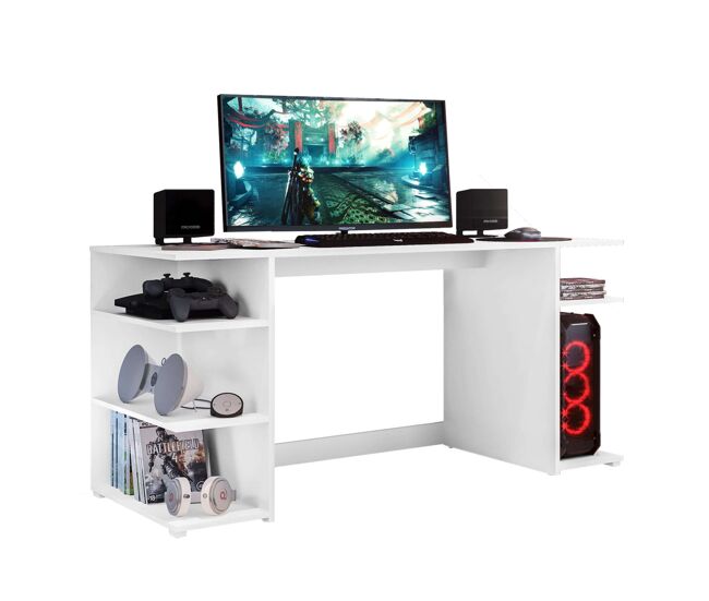 Mesa de computador de escritório contemporânea tow 5h em branco com 3 prateleiras e suporte de torre