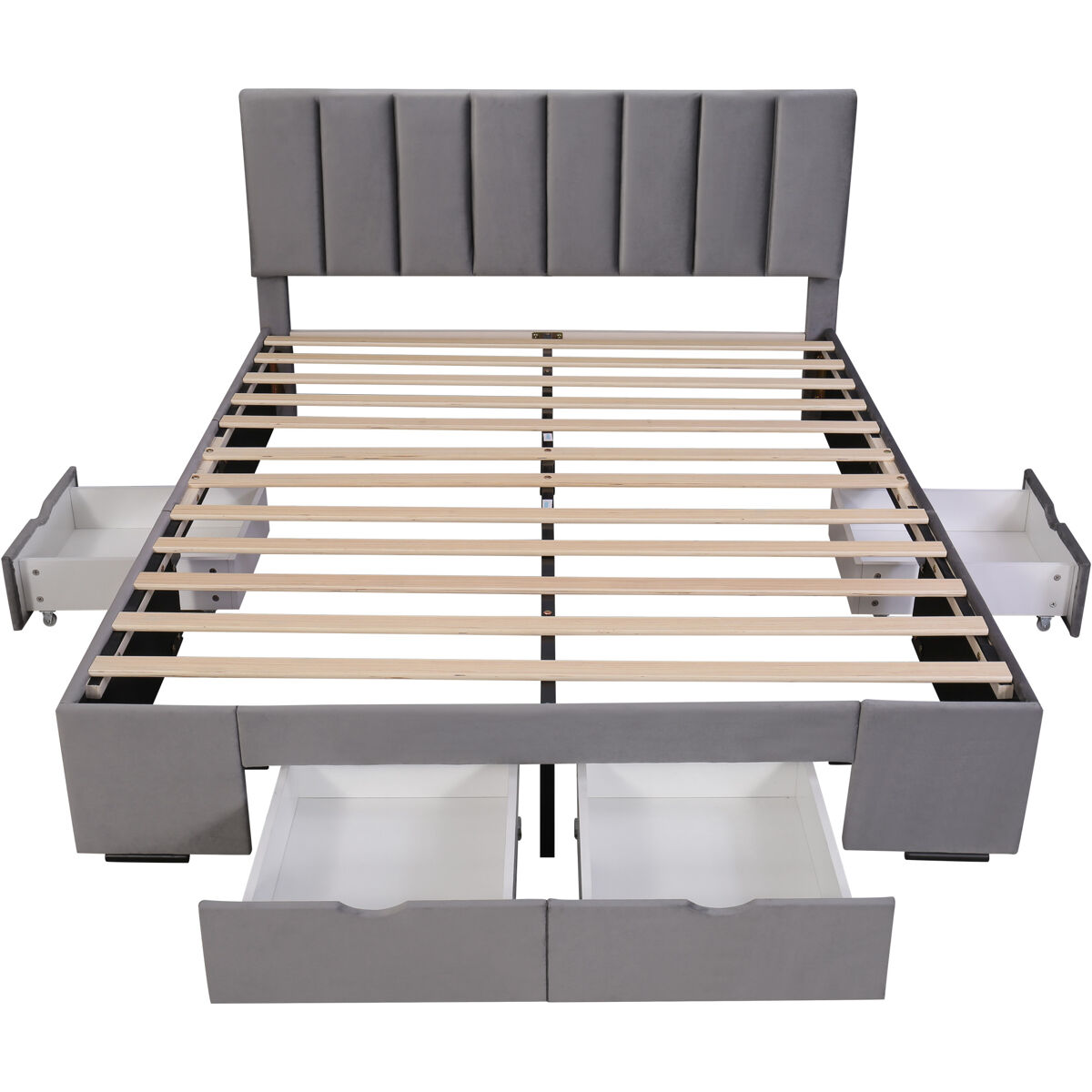 Cama de adulto estofada em veludo 160x200cm com 4 gavetas + cabeceira regulável + estrado de molas - cinzento