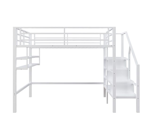 Cama alta metálica 140x200 cm - com prateleira e escada de arrumação - branco