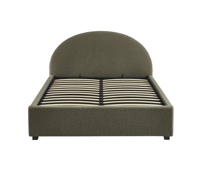 Cama com base de ripas e cabeceira 140cm, acabamento boucle, cameron, verde caqui, 206x153.5x102 cm