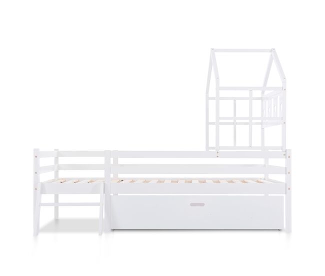 Cama de cabina 90x200cm - madeira maciça - com escada + gavetas + proteção anti-queda - branco
