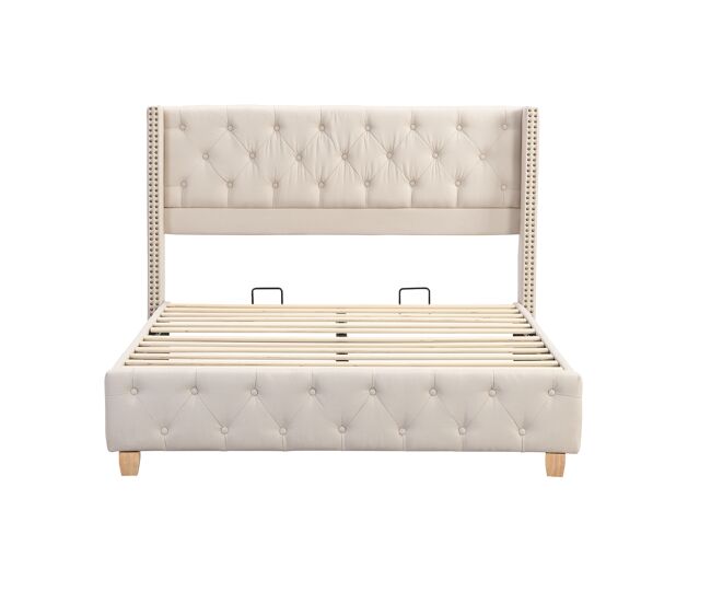 Cama de adulto estofada em linho - 140x190 cm - com estrado de molas - bege