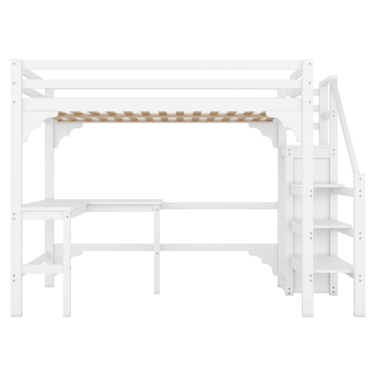 Cama alta de madeira 140x200 cm - com secretária, roupeiro e estrado - branco