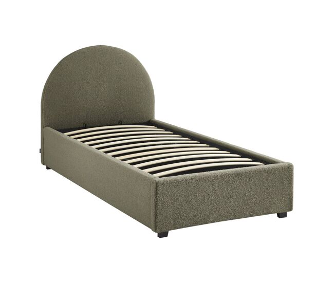 Cama com base de ripas e cabeceira 90cm, acabamento boucle, cameron, verde caqui, 206x104x102 cm