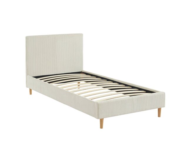Cama com base de ripas e cabeceira 90cm, em veludo canelado fino, marlon, branco, 202x96x88 cm