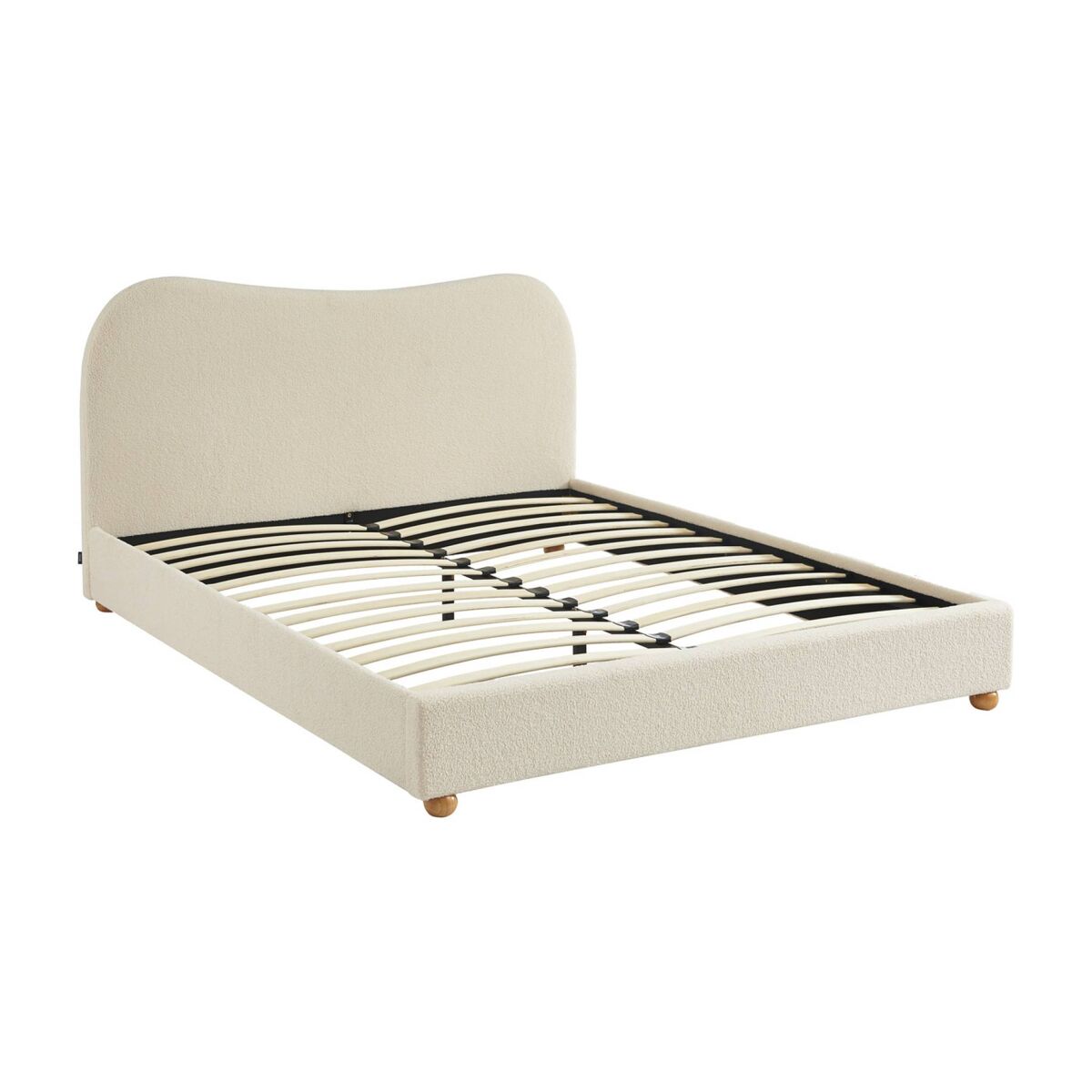 Cama com estrado de ripas e cabeceira, blanche em boucle, aaron, blanc, 214.5x168x97 cm