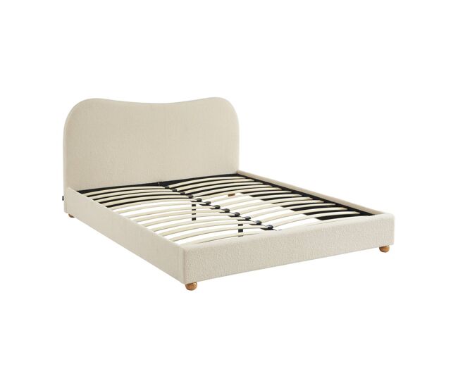 Cama com estrado de ripas e cabeceira, blanche em boucle, aaron, blanc, 214.5x168x97 cm