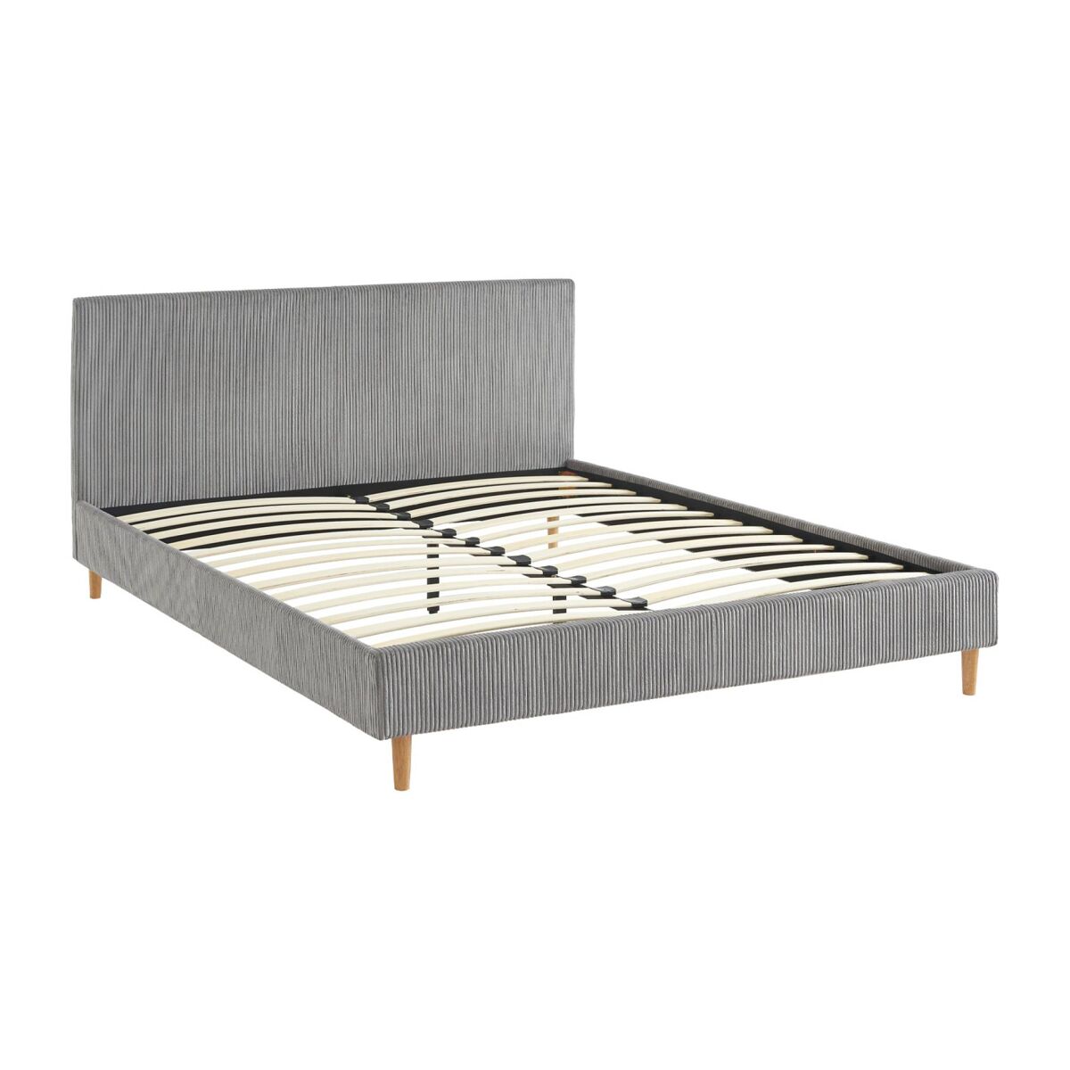 Cama com base de ripas e cabeceira 160cm, em veludo canelado fino, marlon, gris, 211x167.5x89 cm