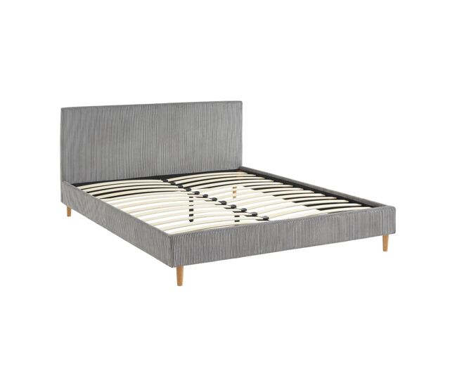 Cama com base de ripas e cabeceira 160cm, em veludo canelado fino, marlon, gris, 211x167.5x89 cm