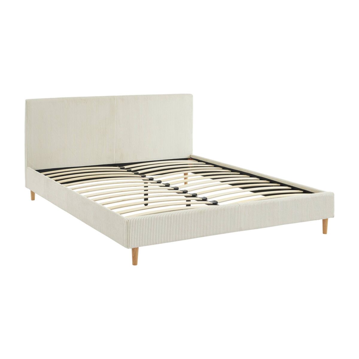 Cama com base de ripas e cabeceira 160cm, em veludo canelado fino, marlon, branco, 211x167.5x89 cm