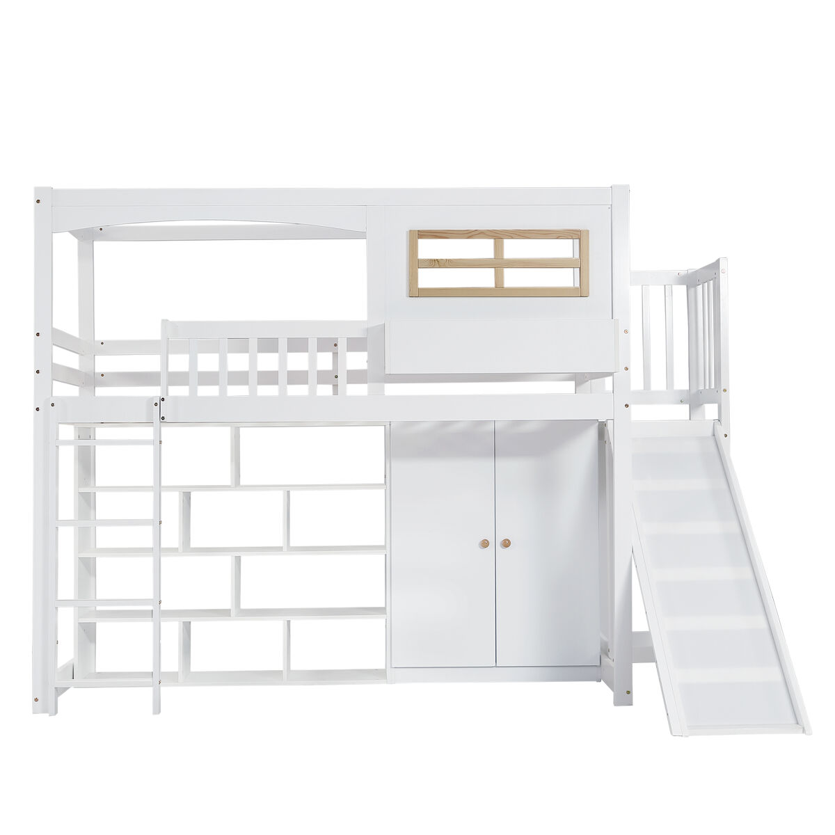 Cama alta em madeira e mdf - 90x200 cm - com prateleiras, roupeiro e escorrega - branco