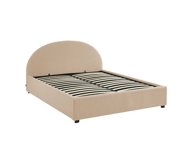 Cama com base de ripas e cabeceira 160cm, acabamento boucle, cameron, nudez, 216.5x174x102 cm