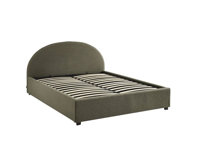 Cama com base de ripas e cabeceira 160cm, acabamento boucle, cameron, verde caqui, 216.5x174x102 cm