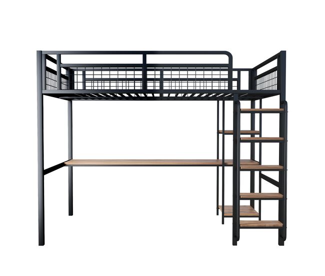 Cama alta metálica 140x200 cm - com secretária e escada de segurança - preto