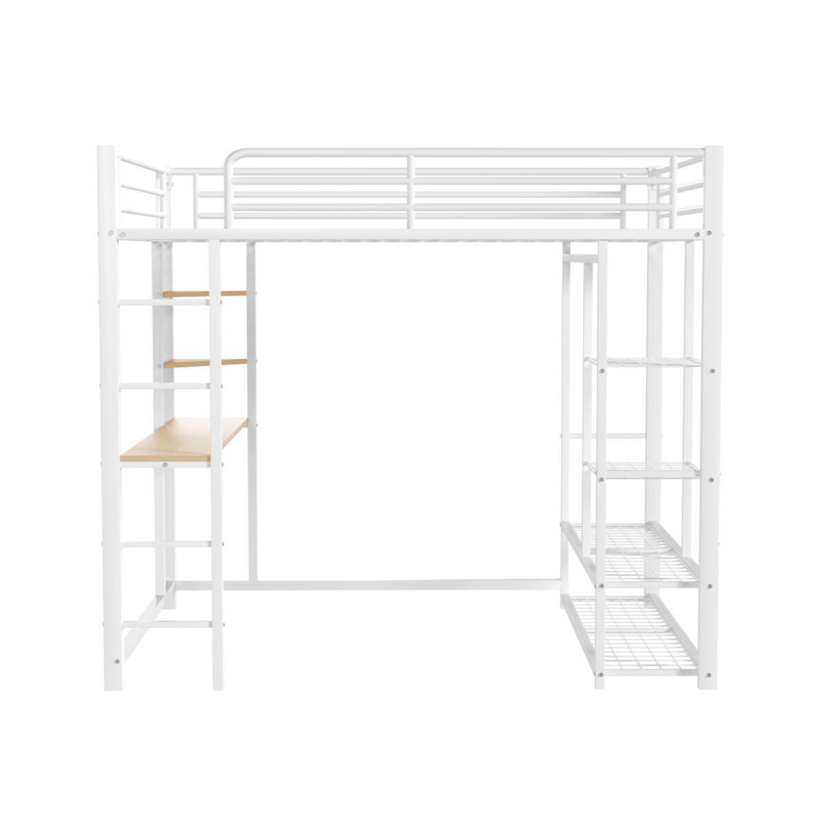 Cama mezzanine metálica 90x200 cm - com mesa e prateleiras - branco