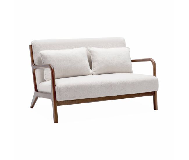 Banco escandinavo de 2 lugares em madeira e tecido boucle, lorens boucle, creme, 124x83x77 cm