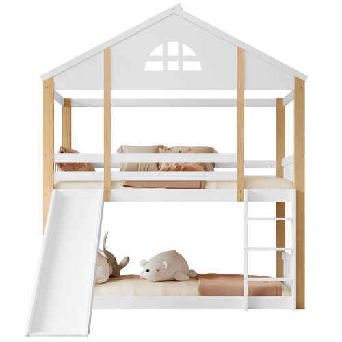 Beliche,cama-casa de madeira maciça 90x200cm,branco+natural