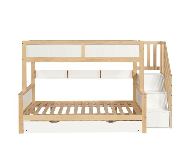 Beliche 90x200cm + 120x200cm + cama de rodízio 90x190cm - com prateleiras, roupeiro e escada de arrumação - em madeira de pinho e mdf - branco e