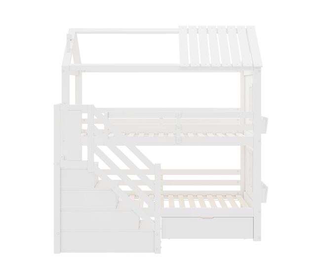 Beliche para crianças 90x200cm - com escada de arrumação + 2 gavetas + prateleiras - em madeira de pinho e mdf - branco