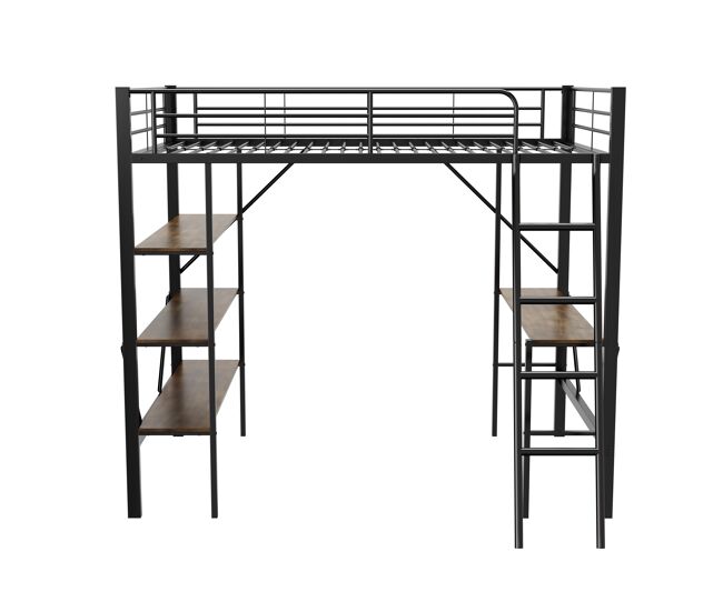 Cama mezzanine em ferro - 90x200 cm - com secretária e 3 prateleiras - preto