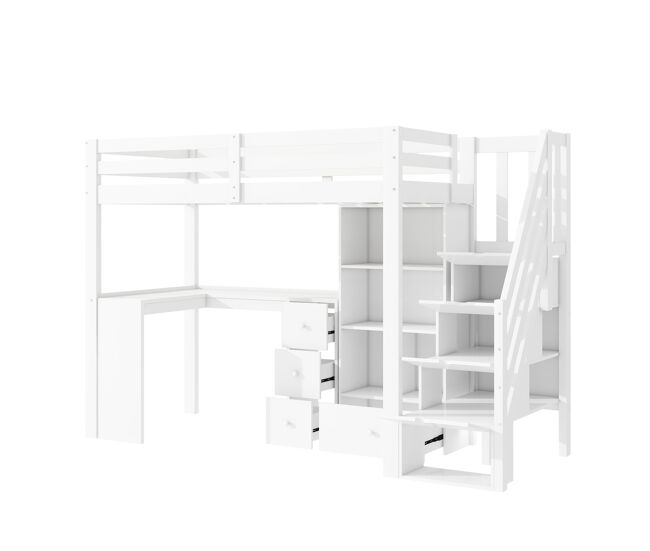 Cama alta de madeira 90x200 cm - com secretária e espaço de arrumação - branco