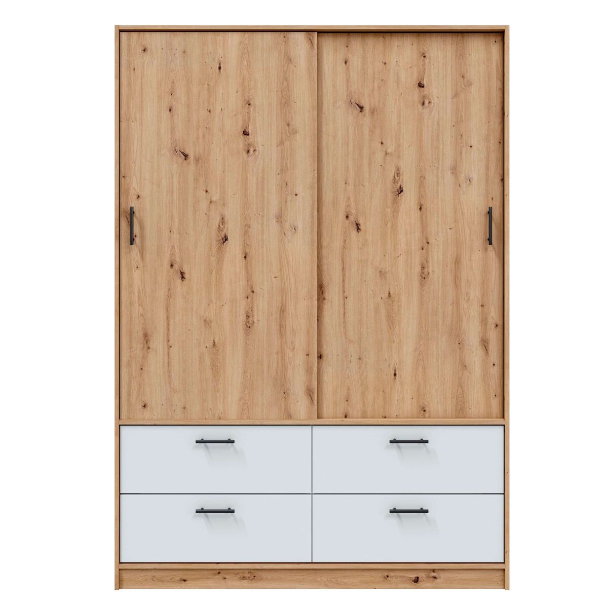 Guarda-roupa com 2 portas de correr e 4 gavetas, lúmina, quarto ou sala, branco artik e carvalho nodi, 140x200x60 cm