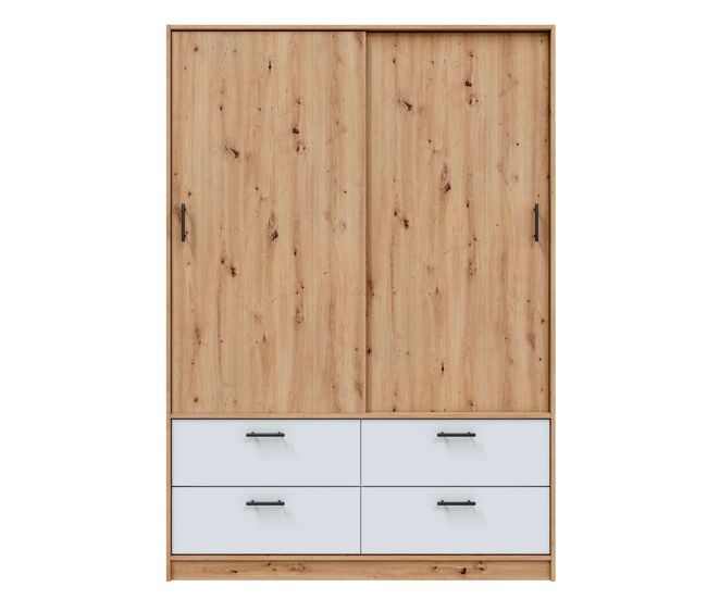 Guarda-roupa com 2 portas de correr e 4 gavetas, lúmina, quarto ou sala, branco artik e carvalho nodi, 140x200x60 cm
