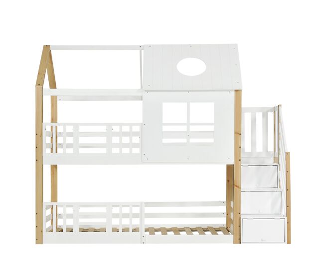 Beliche em madeira de pinho e mdf - com escada de arrumação - 90x200 cm - branco e natural