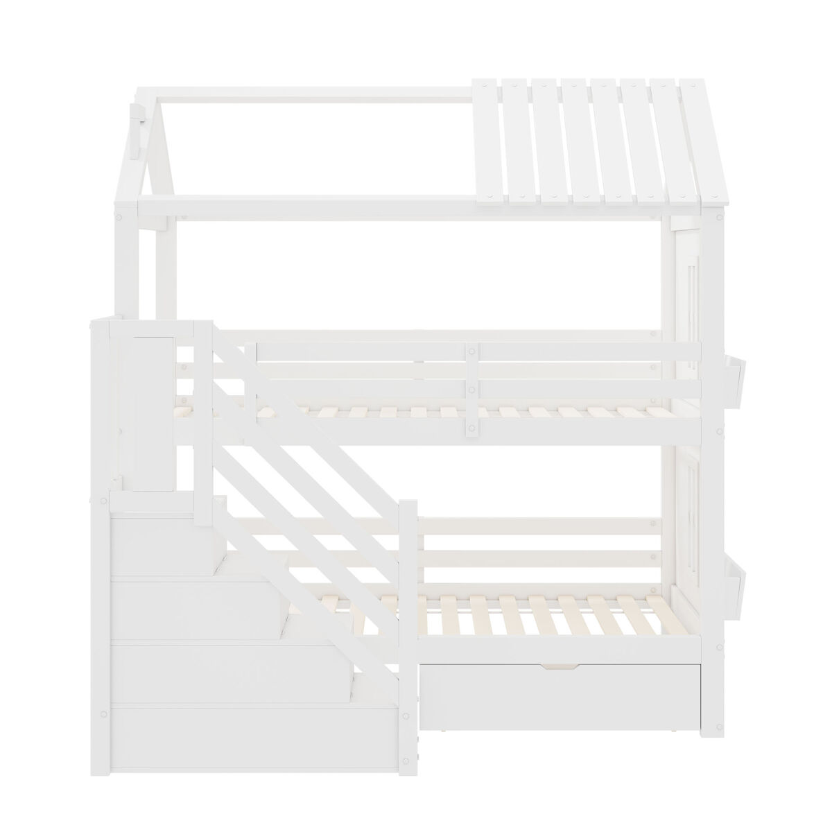 Beliche para crianças 90x200cm - com escada de arrumação + 2 gavetas + prateleiras - em madeira de pinho e mdf - branco