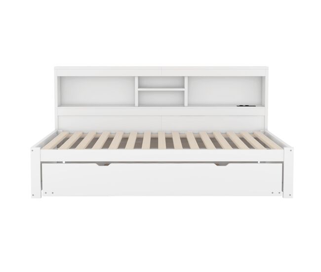 Divã 90x200cm com cama com gavetão 90x190cm - mesa de cabeceira com arrumação, led e tomadas - branco