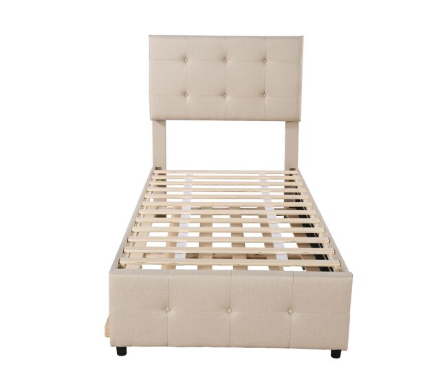 Cama com gavetão 90x200cm - cabeceira regulável - tecido de linho - bege
