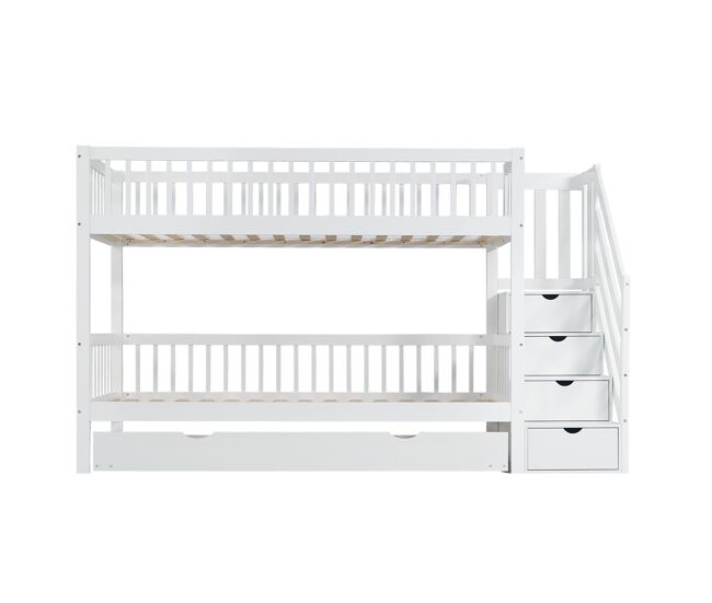 Beliche 90x200 cm com cama de rodízio 90x190 cm - madeira de pinho - com escada de arrumação e gradeamento - branco