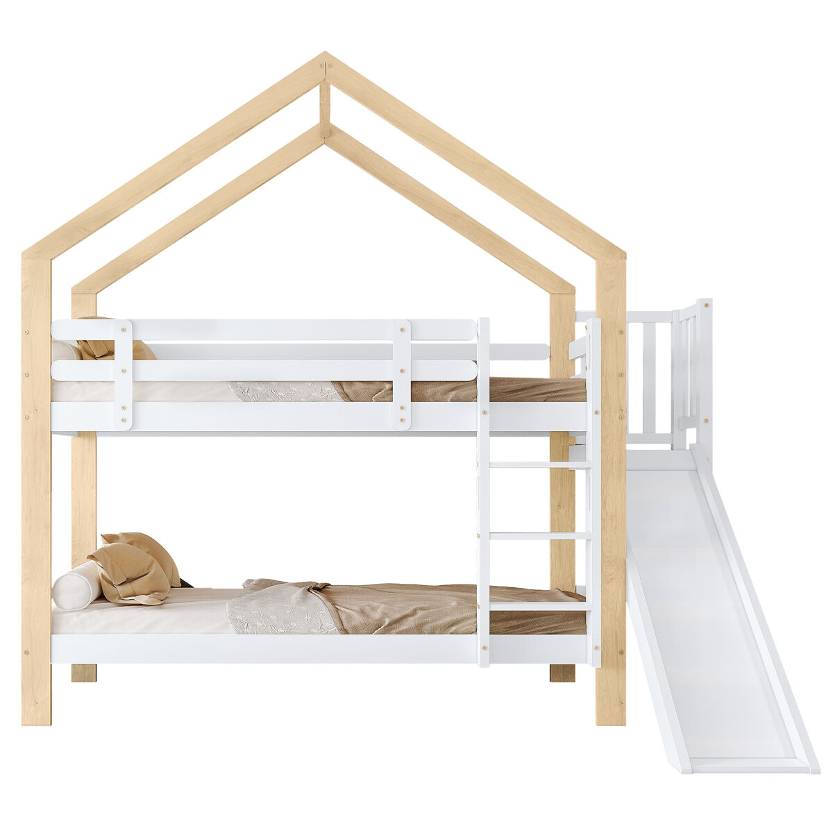 Beliche,cama-casa de madeira maciça 90x200cm,branco+natural
