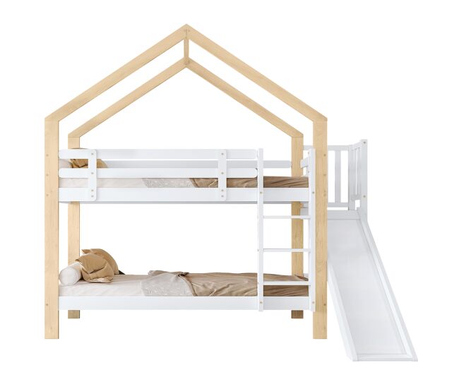 Beliche,cama-casa de madeira maciça 90x200cm,branco+natural