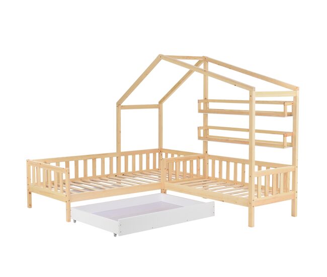 Cama de criança,cama-casa,cama dupla de madeira maciça 90x200(70x140)cm com 1 gaveta,natural