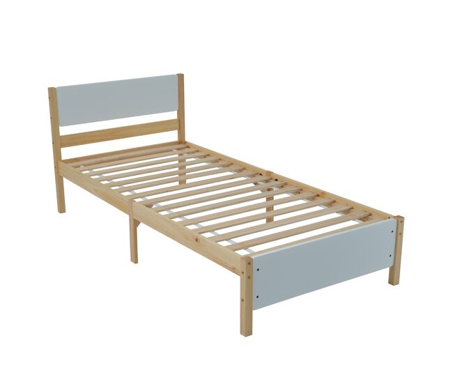Cama de solteiro de madeira de pinho e mdf 90x200cm,branco+natural