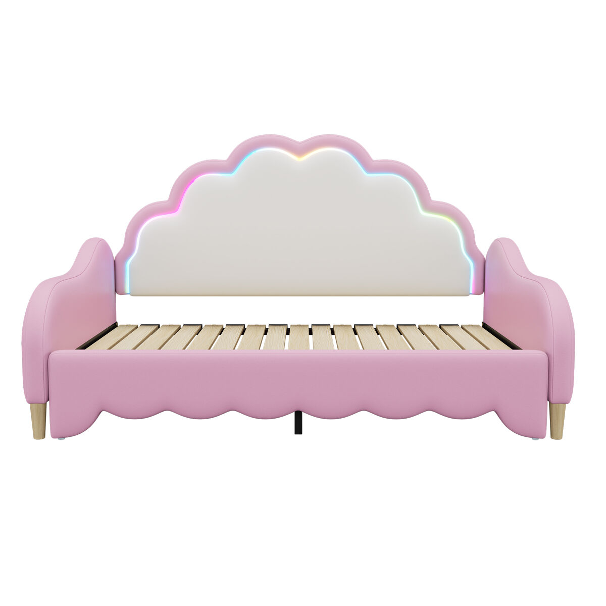 Cama de enfant amovível em imitação de pele - 140x200cm - com led e controlo remoto - rosa (colchão não incluído)