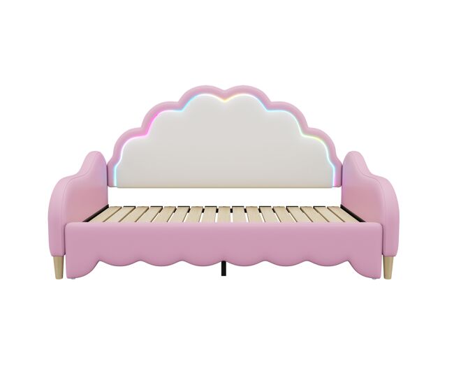 Cama de enfant amovível em imitação de pele - 140x200cm - com led e controlo remoto - rosa (colchão não incluído)