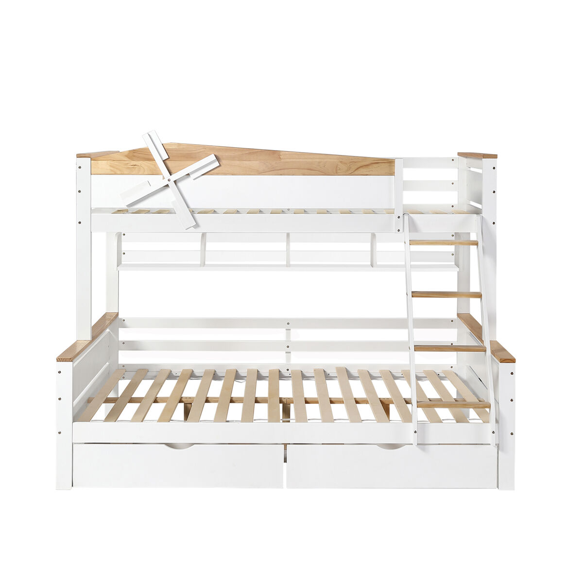 Beliche 90x200cm e 140x200cm - com escada, prateleiras e 2 gavetas - madeira de pinho e mdf - branco