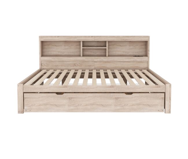 Divã de 140x200cm com cama com gavetão de 90x190cm - mesa de cabeceira com arrumação, led e tomadas - natruel
